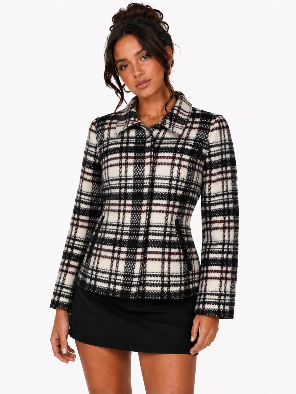 Soia & Kyo White Black & Red Plaid Preppy Moto Heritage Designer Wool Coat Jack